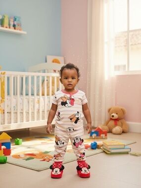 Disney White Pink Striped Minnie Mouse Kids Pajama Set